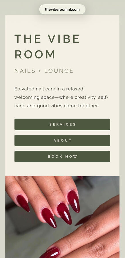 The Vibe Room Nails + Lounge Mobile-view Home page screenshot. The Vibe Room Nails + Lounge Mobile-view Home page screenshot.