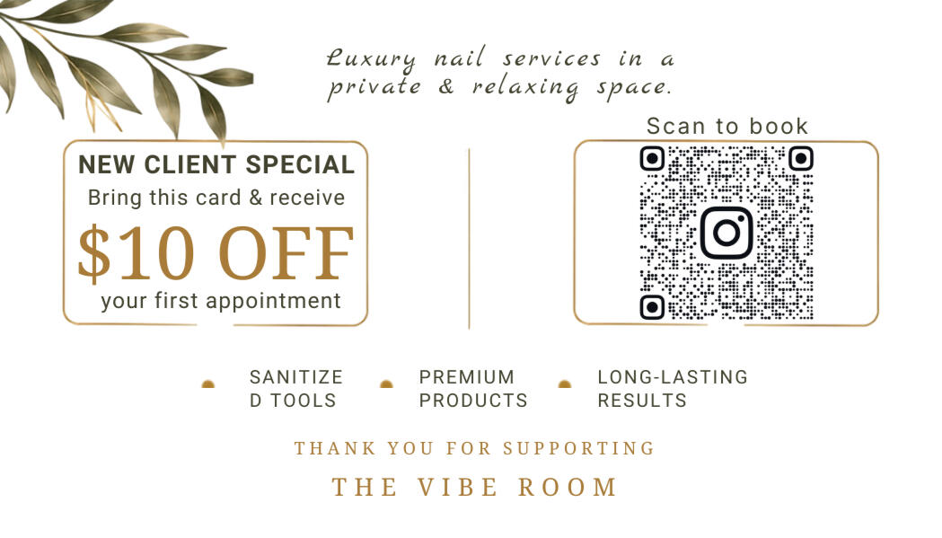 The Vibe Room Nails + Lounge back of business card.