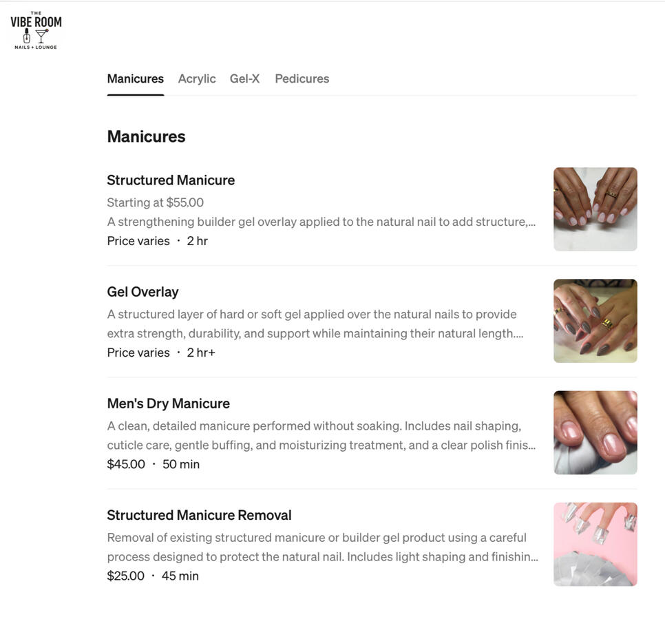 The Vibe Room Nails + Lounge Square booking-page screenshot.