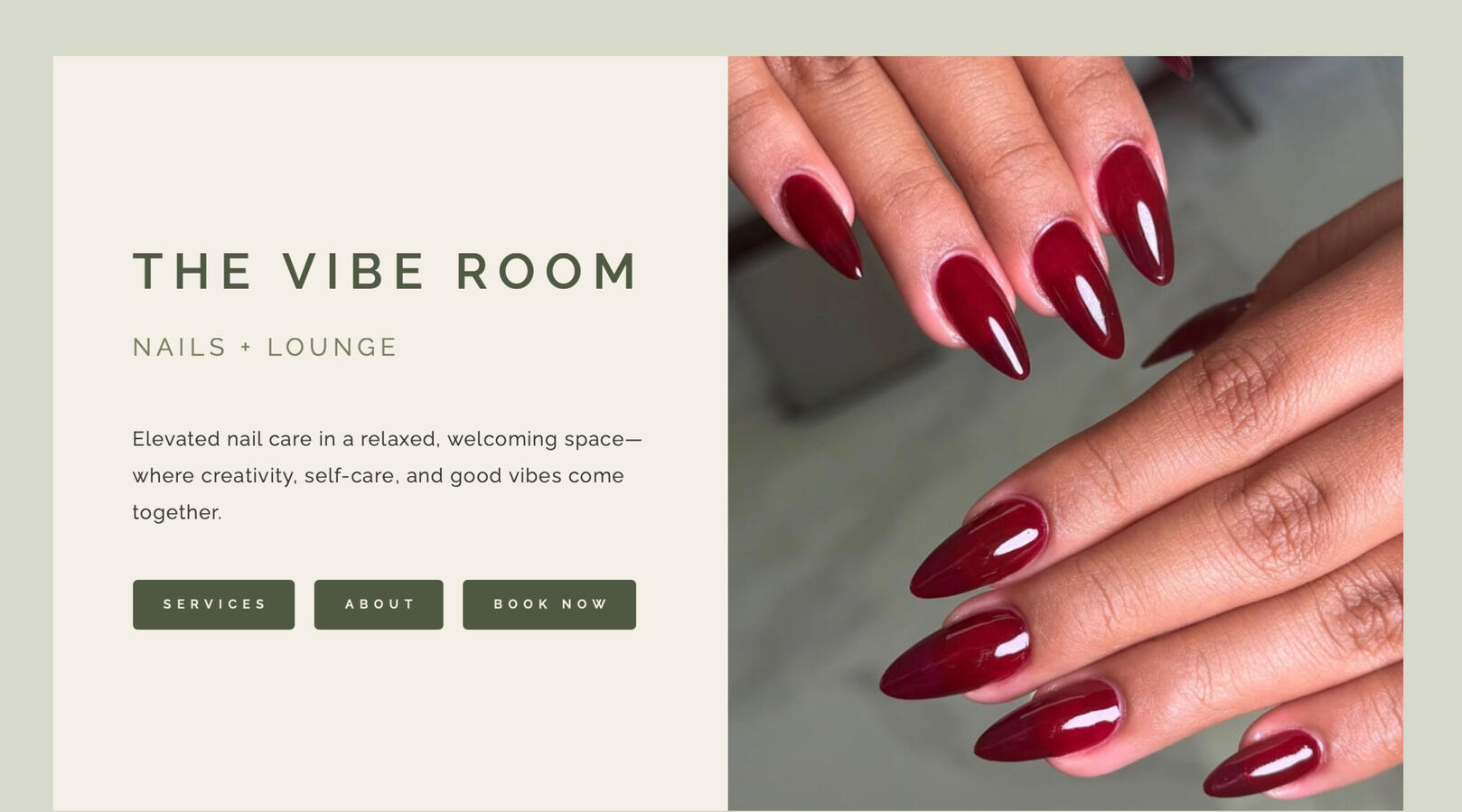 The Vibe Room Nails + Lounge Home page screenshot. The Vibe Room Nails + Lounge Home page screenshot.